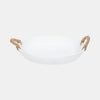 Oval shaped matte white cement bowl with natural jute handles on white background.