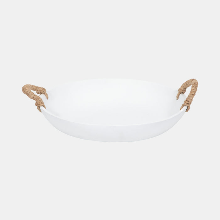 Oval shaped matte white cement bowl with natural jute handles on white background.
