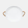 Top view of an oval matte white bowl with natural jute side handles on a white background. 12 inch diameter.