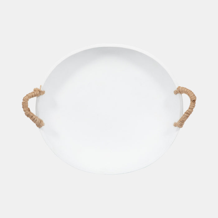 Top view of an oval matte white bowl with natural jute side handles on a white background. 12 inch diameter.
