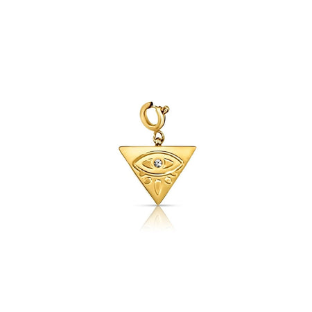 Intuition Charm. A golden triangular charm embossed with the symbol of the all seeing eye centered with a clear CZ stone. Charm hangs from a round clasp intended for layering onto multiple chain styles for a build your own charm necklace. Gold plated hypoallergenic stainless steel. Water, sweat and tarnish resistant.
25mm x 13mm