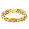 A multi-strand wrap bracelet made of small metallic beads in gold and rhodium, featuring a gold magnetic clasp, shown on a plain white background. Designed by Marcia Moran. 18k gold and rhodium plated over brass.