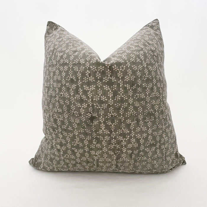 Krishna block printed pillow in a sweet little bohemian floral pattern. 100% linen cover in a soft blue-grey with ecru flowers. 20" square pillow with down insert.