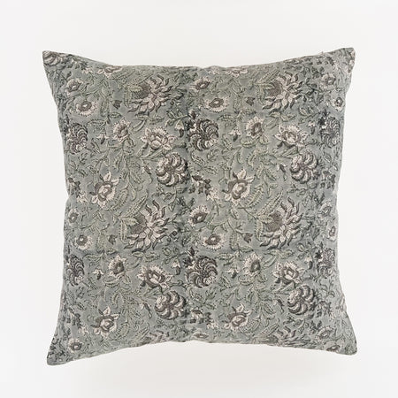 Kriti woodblock pillow. 100" linen cover hand printed in a swirling floral motif using traditional woodblocks. Anchored in a soft blue-grey with ivory, sage green, grey and ink accents. Back side is  unbleached ivory canvas. 20" square, down insert is included. Works well with coastal, bohemian or farmhouse decor.