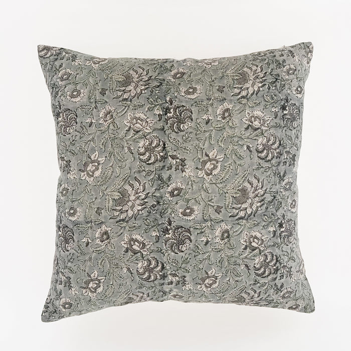 Kriti woodblock pillow. 100" linen cover hand printed in a swirling floral motif using traditional woodblocks. Anchored in a soft blue-grey with ivory, sage green, grey and ink accents. Back side is  unbleached ivory canvas. 20" square, down insert is included. Works well with coastal, bohemian or farmhouse decor.