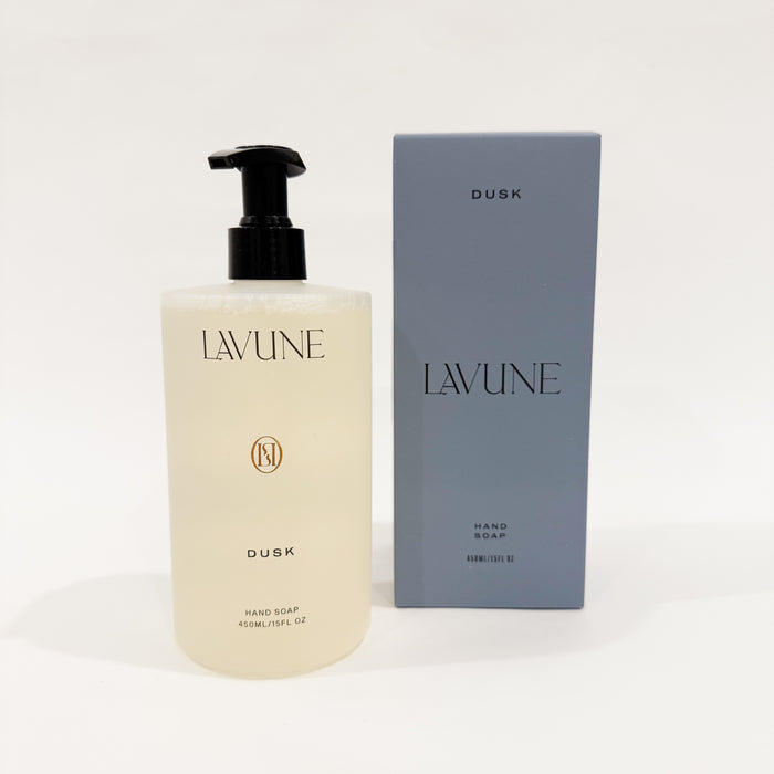 LAVUNE "Dusk" hand soap bottle and blue box packaging on a white background. 
15 fl oz/ 450mL