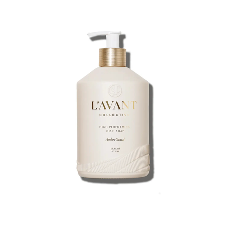 L'AVANT dish soap in a taupe glass bottle with pump. Ambre' Santal scent. 17 fl oz./500 ml.