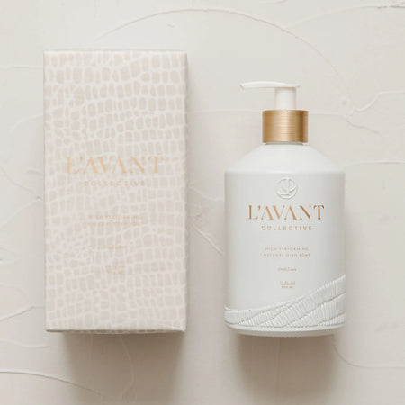 LAVANT bottle of dish soap and packaging on a light background. Fresh Linen scent.