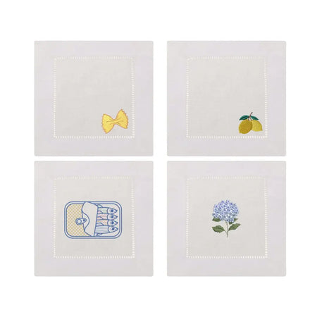 Set of four white linen cocktail napkins with embroidered designs on the lower right corner. Designs inspired by Italian summers include faralle pasta, lemons, a hydrangea and a tin of sardines. 6 inch square.