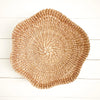Round scallop woven tray hand crafted from natural Manila hemp. 18 inch diameter. Hanging loop on back for wall display.