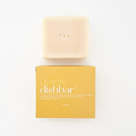 Lemon Dishbar. Solid dish soap bar packaged in a lemon yellow box. Lemon scented, made with all natural ingredients. 3.75 x 3.375