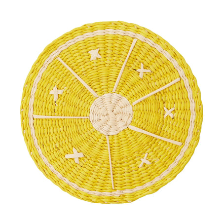 Yellow woven lemon slice coaster. Handwoven by female artisans in Columbia using Iraca Palm. Sold as a set of 4.