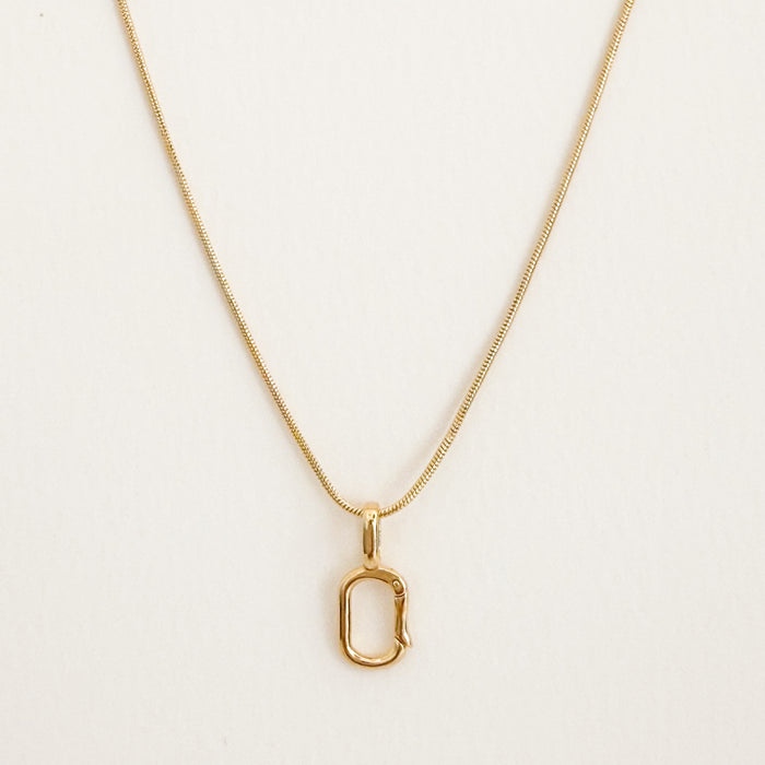 Delicate 20 inch gold filled snake chain necklace with an oval carabiner designed to layer charms.