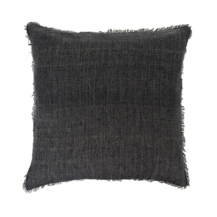 Coal colored linen fringe pillow. 24" square made of 100% linen with zip closure. Down insert included.