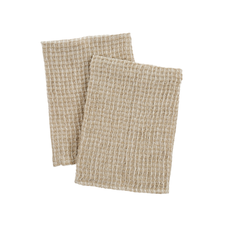 Neutral flax color hand towel woven in 100% linen in a soft, absorbent waffle weave. A modern essentail for kitchen or bath. Measures: 27" x 19"