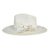 White structured straw hat with an ivory Petersham bow and Sari cord and twine wrapped around the crown.