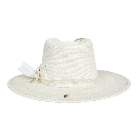 White structured straw hat with white Petersahm bow, Sari cord and twine wrapped around crown.