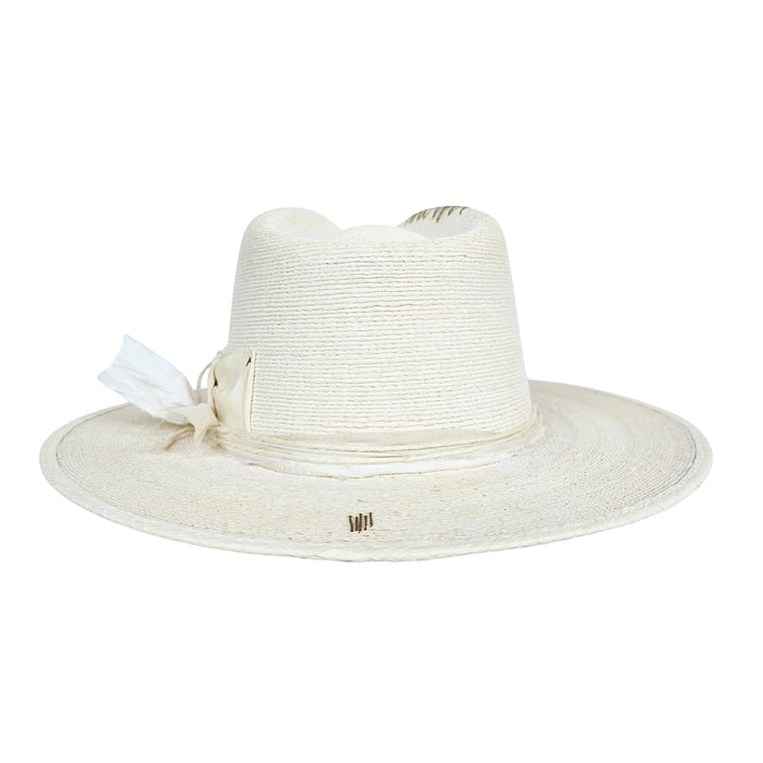 White structured straw hat with white Petersahm bow, Sari cord and twine wrapped around crown.