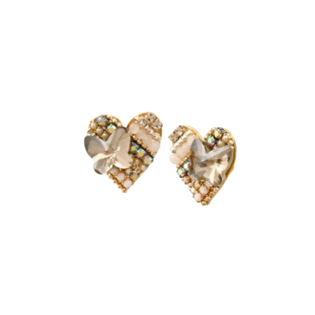 Love Me earrings. Pair of heart shaped earrings embellished with rows of tiny pearls, Swarovski crystals and CZ stones topped with a sparkling crystal cut butterfly. 3/4" x 7/8"