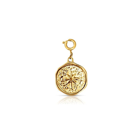 Madison Star charm. A round hammered charm with the North Star embossed into it. Charm hangs from a round clasp intended to layer onto multiple chain styles so you can build your own charm necklace. Gold plated hypoallergenic stainless steel. Water, sweat and tarnish resistant. 29mm x 17mm