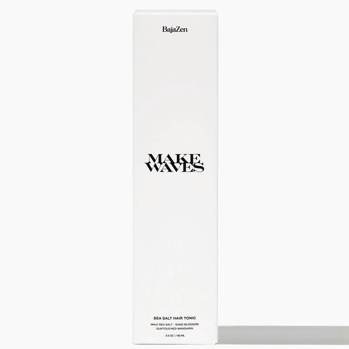 White box of MAKE WAVES sea salt hair tonic. 5.5 oz. Made in the U.S.A.