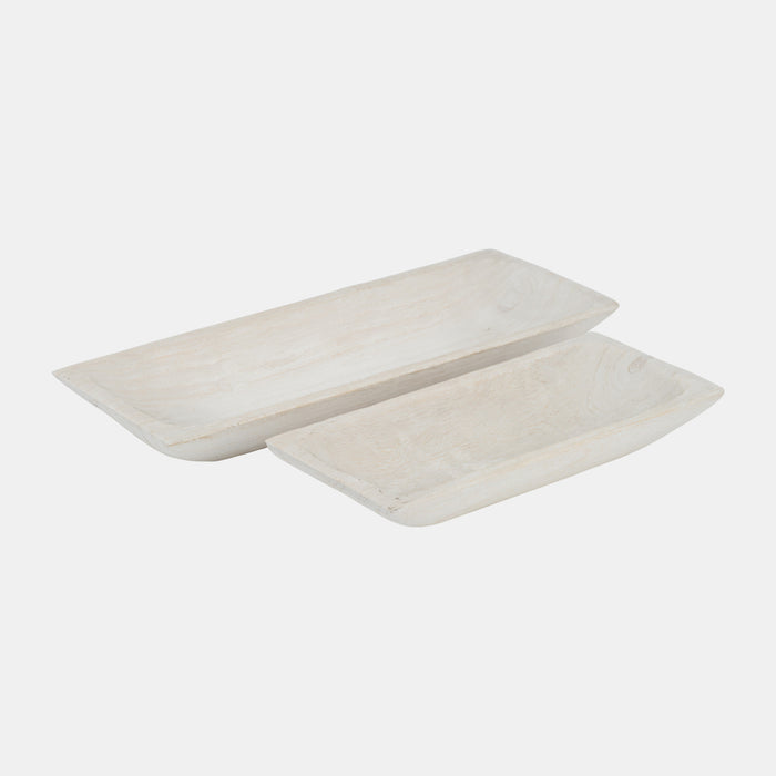 Two bleached wood trays on a white background. Two trays nest together when stacked. Large 20" x 7" x 2" high. Medium 15" x 6" x 2" high.