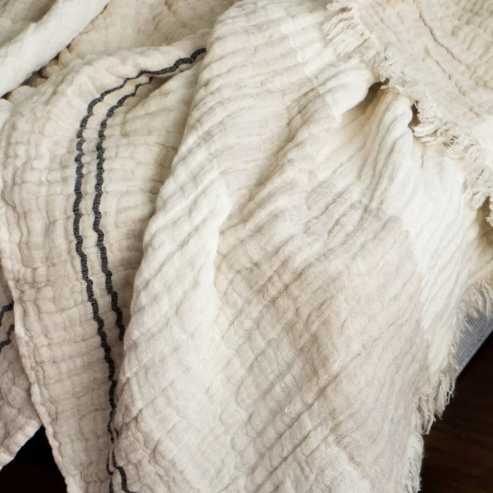 Close up view of crinkled textured throw in beige and ivory stripes with a fine black stripe border.