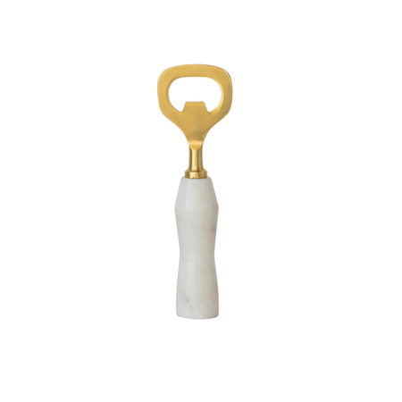Bottle opener with white and grey marble handle and brass finish. 5." long.