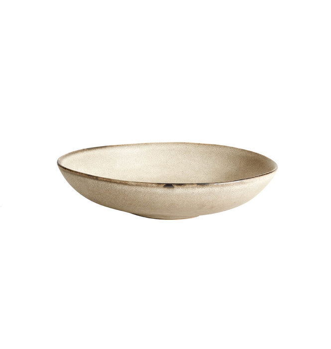 Medium irregular shaped ceramic serving bowl with a oyster-grey glaze. Measures 7.5 x 9.45 inches.