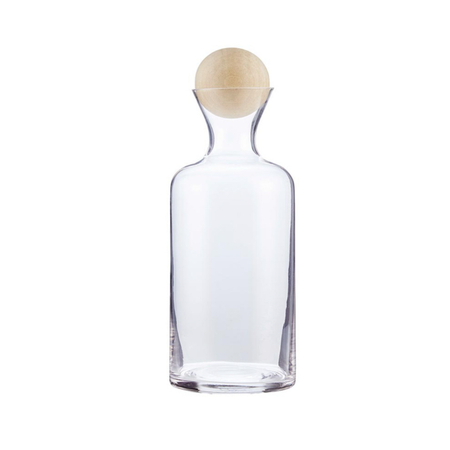 Melbourne glass decanter. Elegant clear glass decanter with a natural wood ball stopper. Holds 40 fl oz. 9.5" height x 4.5" diameter. 