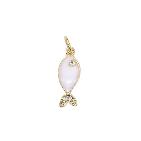 Mini fish shaped pendant charm in a white pearl enamel with clear CZ stones on the tail and eye. 24K gold plated over brass fittings. 