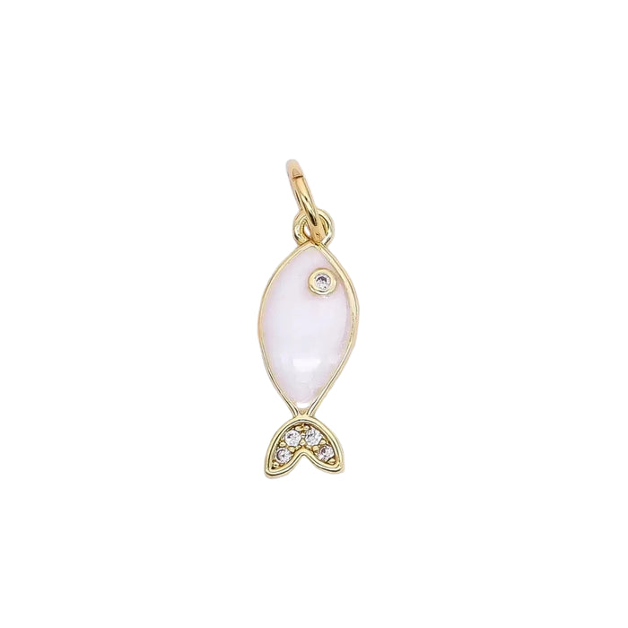 Mini fish shaped pendant charm in a white pearl enamel with clear CZ stones on the tail and eye. 24K gold plated over brass fittings. 