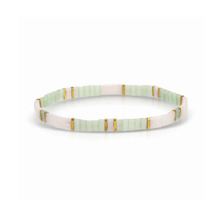 White, mint green and gold stretch bracelet made using flat, square "Tila" beads. One size fits most. 