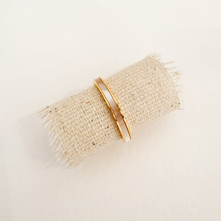 Gold ring band embedded with a band of white Mother of Pearl. Water, sweat and tarnish resistant.