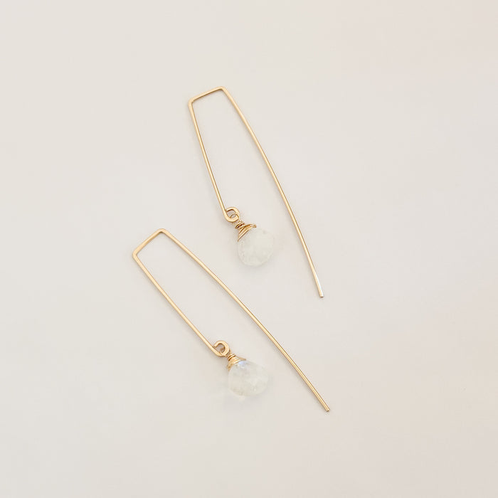 Pair of Moonstone threader earrings. 14K gold filled threader with a 9mm faceted Moonstone. Handcrafted in Northern California.