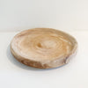 Round natural wood tray/shallow bowl on white surface.  11.5 inch diameter  2 inch height.