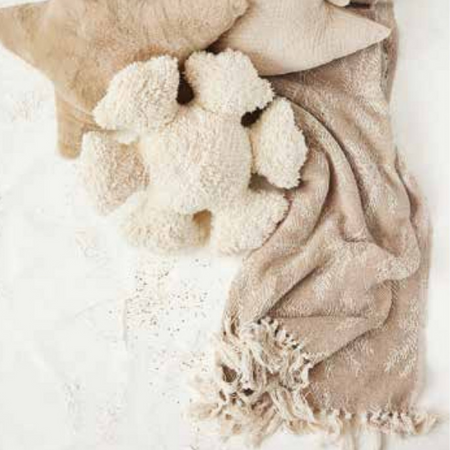 Taupe and cream jacquard throw with a pine leaf pattern and an ivory sherpa snowflake pillow. Each sold seperately.