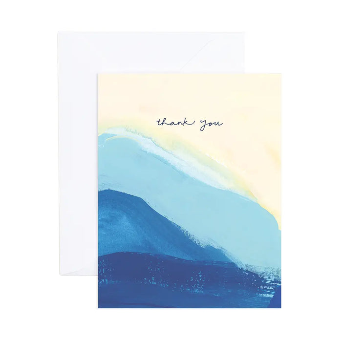 Thank You card with abstract painting of blue surf and sand. White envelope included. Blank inside. 