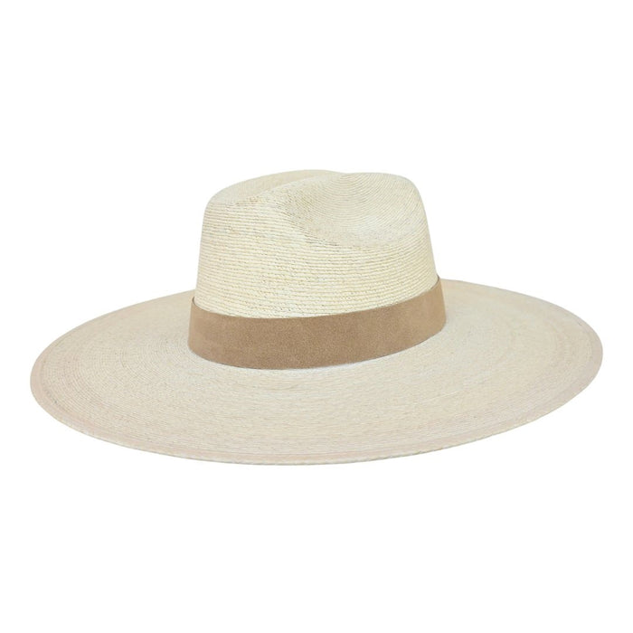 Pale beige natural straw hat with structured crown wrapped in sand colored cowhide with a wide brim.