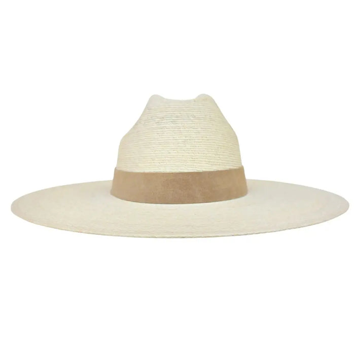 Natural structured straw hat with a sand colored cowhide band.