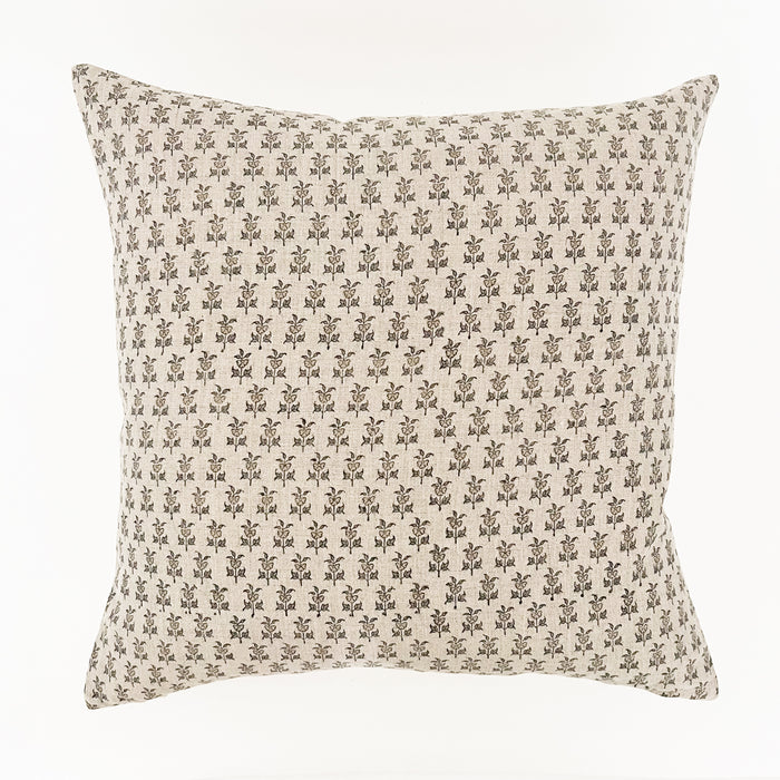 Pari Pillow. Block printed by hand in a delicate floral motif on 100% linen ground. Floral motif is printed in shades of grey, blush and ink blue. Back side is a solid cotton/linen blend. 20" square, down insert included.