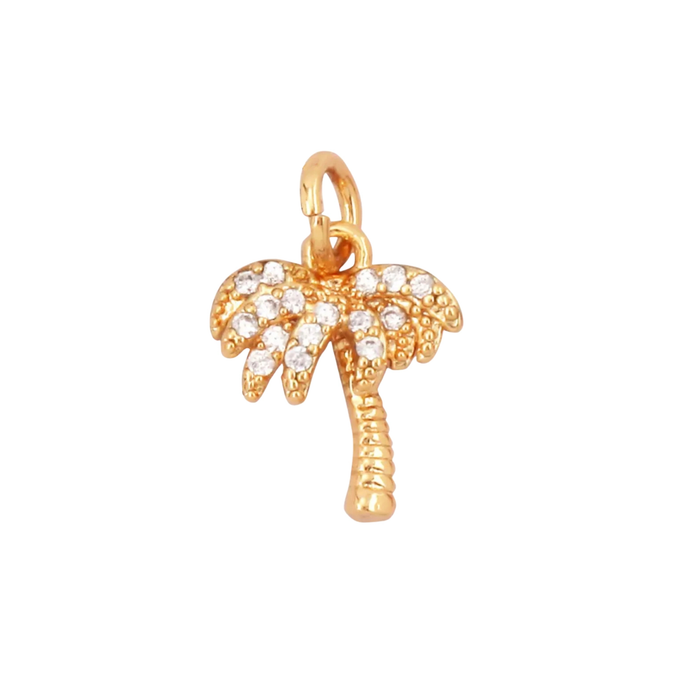 Golden palm tree charm encrusted with sparkling clear CZ stones. 16mm length x 10mm width. Water resistant and tarnish free.