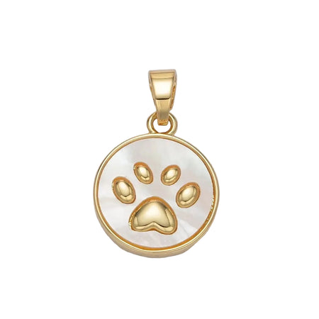 Round pearl disc pendant charm with a gold paw print and gold fittings.