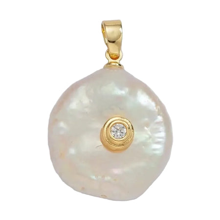 White freshwater pearl charm with a clear CZ stone embedded in the center with gold accents. 18K gold over brass fittings. 21.2mm x 6.7mm