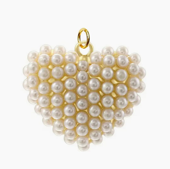 Gold puffy heart charm covered in tiny white pearls. 1.12 inches.