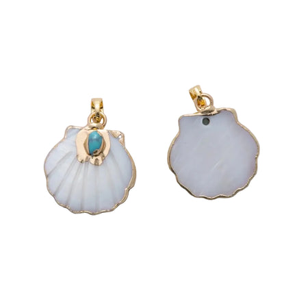 Front and back view of a shell shaped charm carved in white pearl with a small turquoise stone with gold accents. 21.6mm x20.2mm