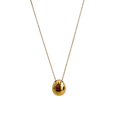 Gold  rounded pebble shaped pendant on a delicate gold chain. 22 inch length. Made of hypo allergenic stainless steel with gold plating. Sweat, water and tarnish resistant. 