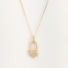 Delicate gold filled box chain necklace with a pave' encrusted gold lock carabiner.