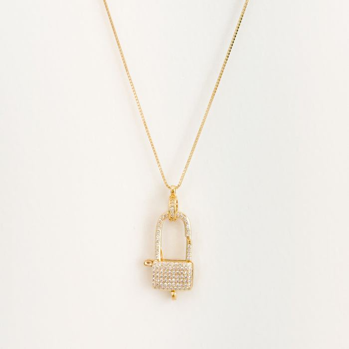 Delicate gold filled box chain necklace with a pave' encrusted gold lock carabiner.