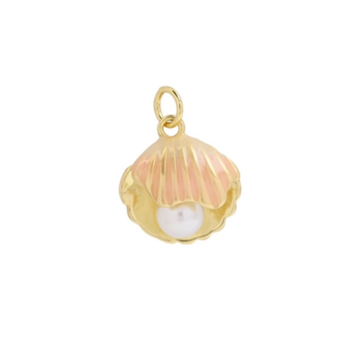 Delicate golden seashell charm with a pale pink enamel finish holding a tiny white seed pearl. Measures .5 inch length. Water resistant and tarnish free.